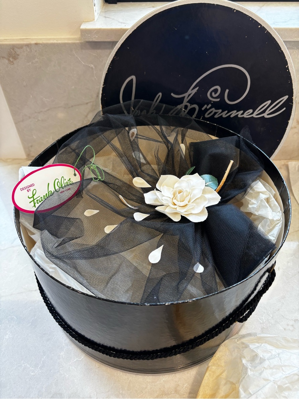 Vintage Black Tulle Gardenia Cocktail Fascinator Hat with Hatbox